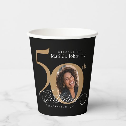 50e verjaardag Gold zwarte kalligrafie Aangepaste  Papieren Bekers (Voorkant)