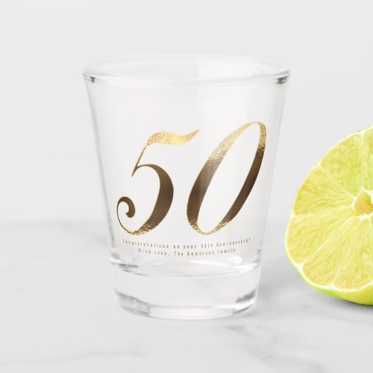 50e Verjaardag Golden Wedding Jubileum Shot Glas (Voorkant)