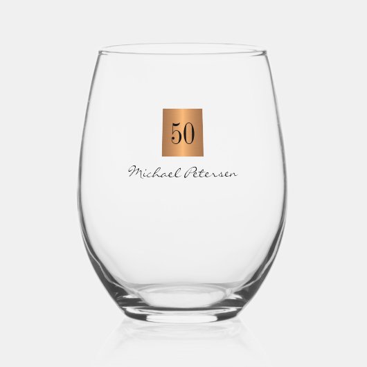 50e verjaardag goud elegante script naam custom wijnglas zonder voet (Voorkant)