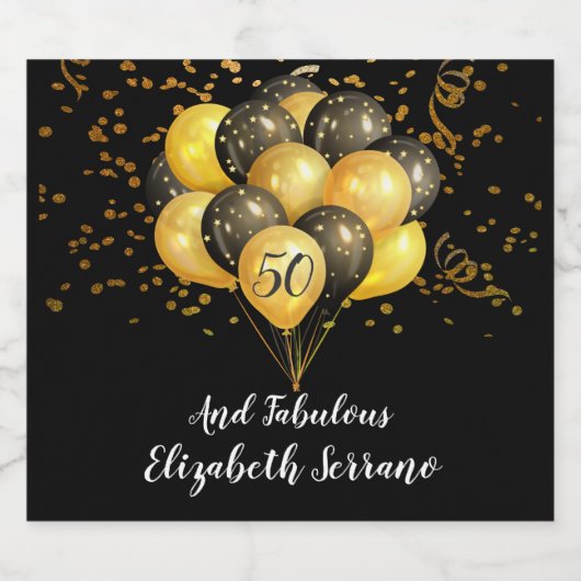 50e verjaardag goud en zwart Confetti en ballonnen Sparkling Wijnetiket (Enkel label)