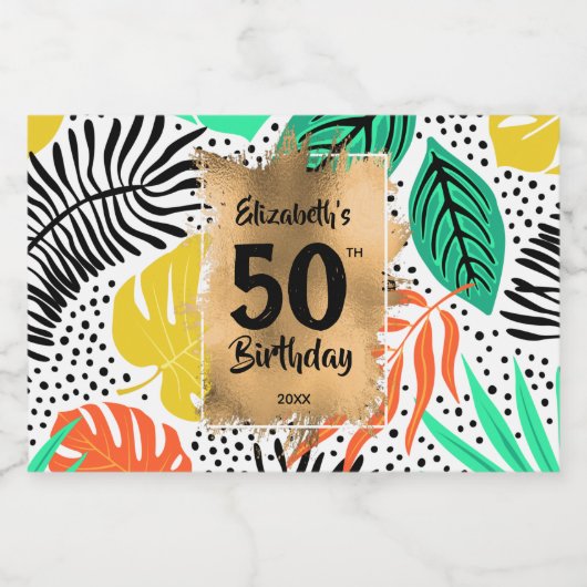 50e verjaardag goud op kleurrijke Planten Mini Likeurfles Etiket (Enkel label)