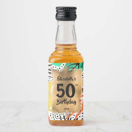 50e verjaardag goud op kleurrijke Planten Mini Likeurfles Etiket (Voorkant)