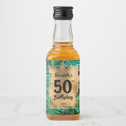 50e verjaardag goud op tropische Planten Mini Likeurfles Etiket (Voorkant)