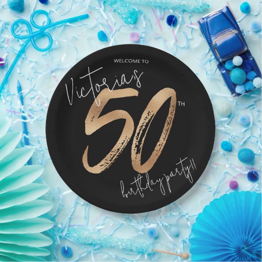 50e verjaardag Goud Zwart Modern Sassy Elegant Papieren Bordje (Feest)