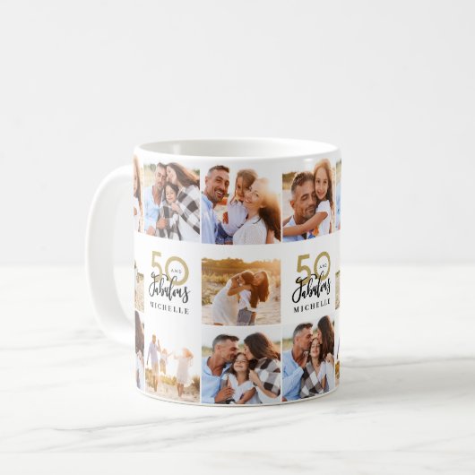 50e verjaardag goud zwarte foto collage chic koffiemok (Voorkant links)