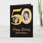 50e verjaardag goud zwarte foto gepersonaliseerd kaart (Voorkant)