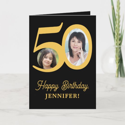 50e verjaardag goud zwarte foto gepersonaliseerd kaart (Voorkant)
