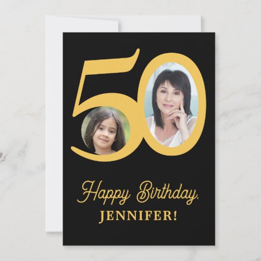 50e verjaardag goud zwarte foto gepersonaliseerd kaart (Voorkant)