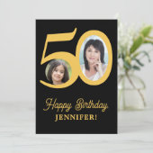 50e verjaardag goud zwarte foto gepersonaliseerd kaart (Staand voorkant)