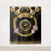 50e verjaardag gouden ballonnen blush hoge hakken wandkleed (Voorkant)