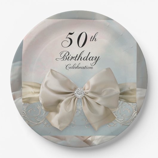 50e verjaardag Gouden boog Elegante Bloemen Wervel Papieren Bordje (Voorkant)