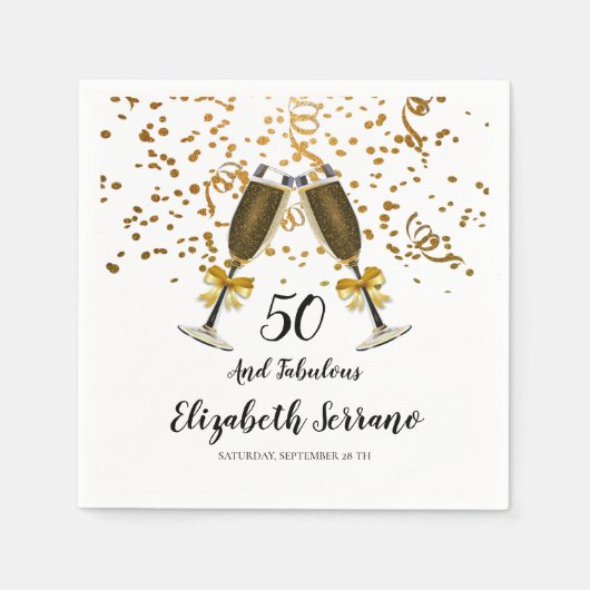 50e verjaardag Gouden Confetti Champagneglazen Servet (Voorkant)