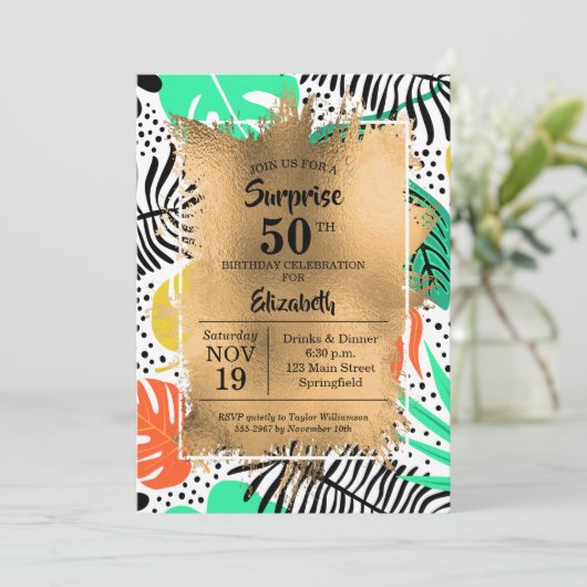 50e verjaardag Gouden en Moderne Tropische Uitnodi (Staand voorkant)