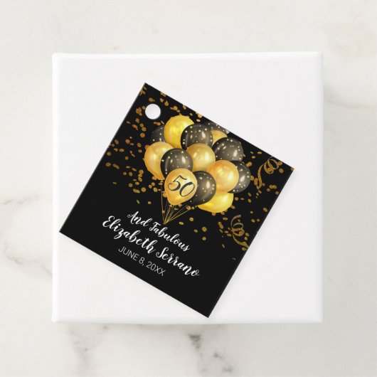 50e verjaardag gouden en zwarte ballonnen en Confe Bedankjes Labels (In situ)
