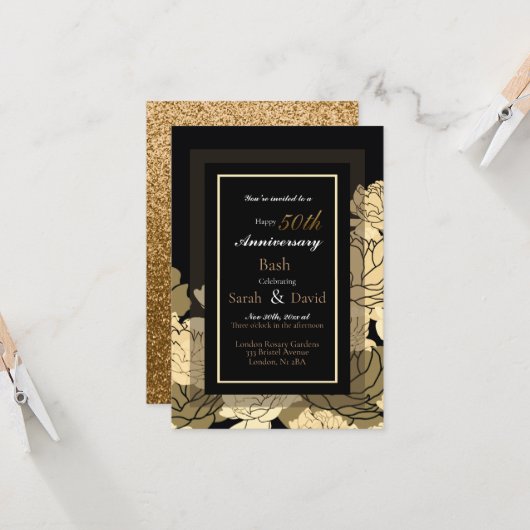 50e verjaardag: gouden, geel en geelbruin roos pri kaart (Voorkant / Achterkant in situ)