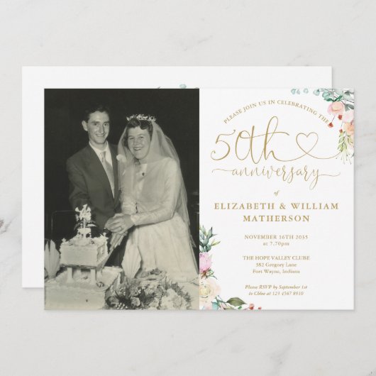50e verjaardag Gouden Hart Bloemige Monogram Foto Kaart (Voorkant / Achterkant)