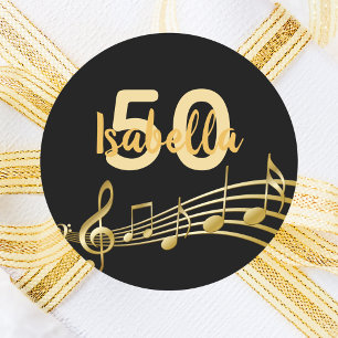 50e verjaardag gouden muzieknoten op elegant zwart ronde sticker
