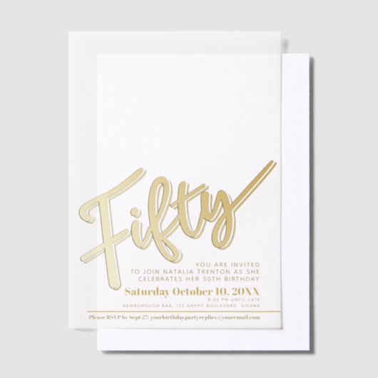 50e verjaardag gouden script tekst overlay vellum uitnodigingen (Offset)
