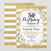 50e verjaardag - Gouden witte strepen Rozen Kaart (Voorkant / Achterkant)