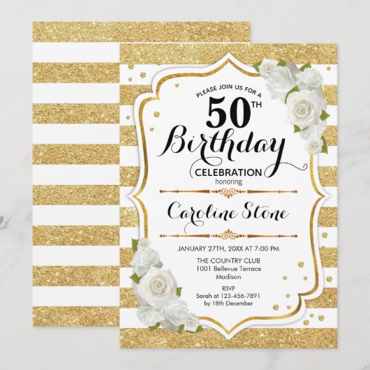 50e verjaardag - Gouden witte strepen Rozen Kaart (Voorkant / Achterkant)