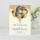 50e verjaardag gouden zwarte ballonnen Glitterschi Kaart (Staand voorkant)