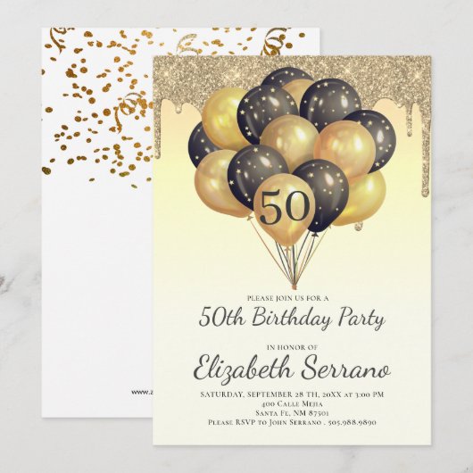 50e verjaardag gouden zwarte ballonnen Glitterschi Kaart (Voorkant / Achterkant)