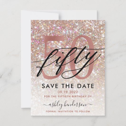 50e verjaardag grafische glitter ombre sparen de d save the date (Voorkant)