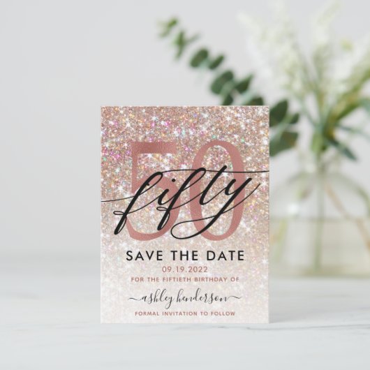 50e verjaardag grafische glitter ombre sparen de d save the date (Staand voorkant)