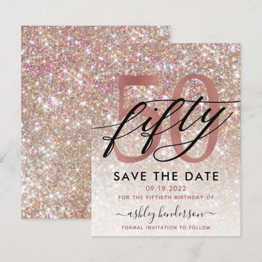 50e verjaardag grafische glitter ombre sparen de d save the date (Voorkant / Achterkant)