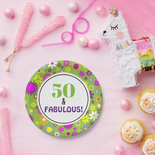 50e verjaardag Groene Paarse Floral Papieren Bordje (Feest)