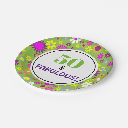 50e verjaardag Groene Paarse Floral Papieren Bordje (Gekanteld)