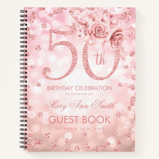 50e verjaardag Guestbook Roos Gold Glam Licht Notitieboek (Voorkant)