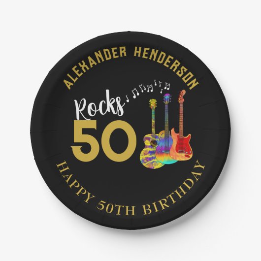 50e verjaardag Guitars Rocks 50 Papieren Bordje (Voorkant)