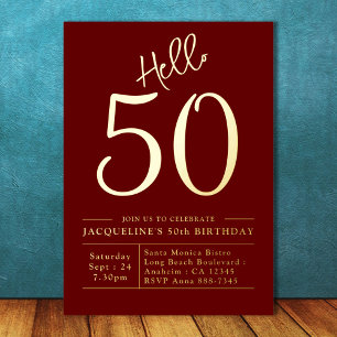 50e verjaardag Hallo 50 Bourgogne Gold Folie Uitnodiging