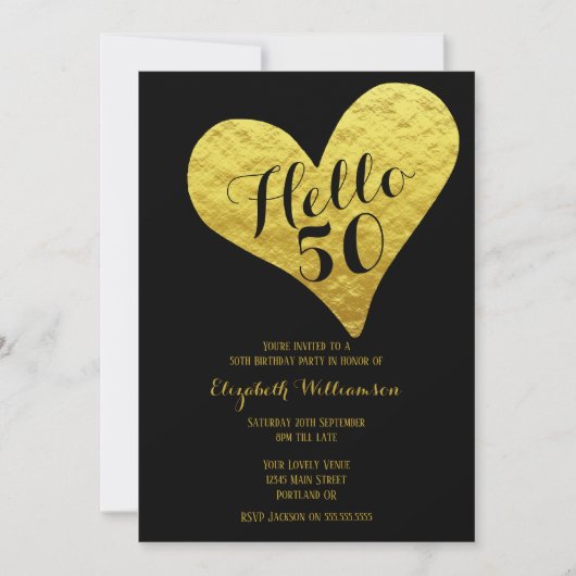 50e verjaardag Hallo 50 zwart | Faux Gold Heart Kaart (Voorkant)