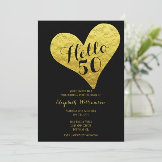 50e verjaardag Hallo 50 zwart | Faux Gold Heart Kaart (Staand voorkant)
