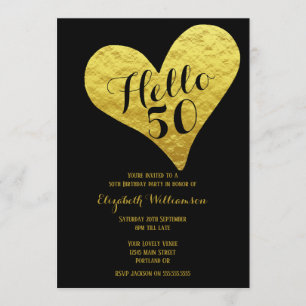 50e verjaardag Hallo 50 zwart   Faux Gold Heart Kaart