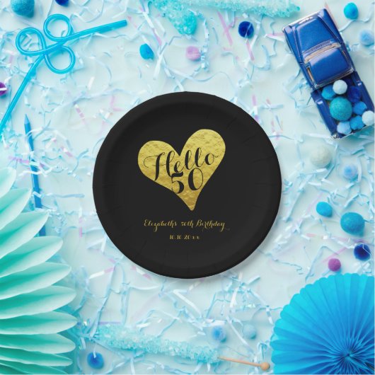 50e verjaardag Hallo 50 zwart | Faux Gold Heart Papieren Bordje (Feest)