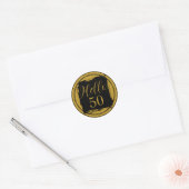 50e verjaardag Hallo 50 Zwart Goud Ronde Sticker (Envelop)