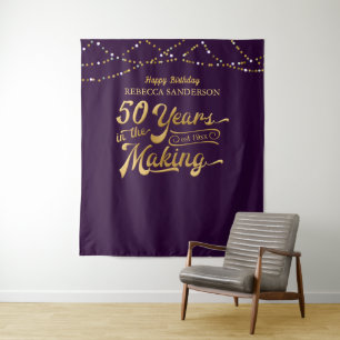 50e Verjaardag Happy Birthday Paars en Goud Foto A Wandkleed