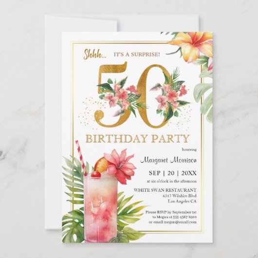 50e verjaardag Hawaiian Tropical Cocktail Party Kaart (Voorkant)