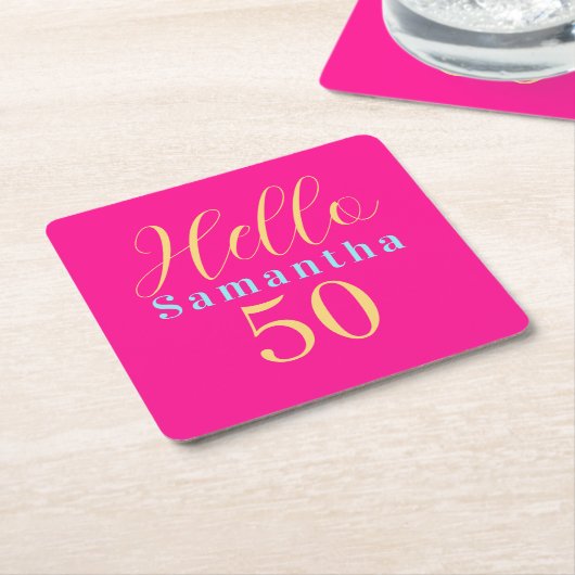 50e verjaardag Hello 50 Heet roze feest Kartonnen Onderzetters (Schuin)
