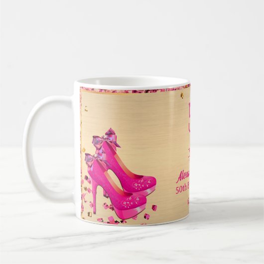 50e Verjaardag High Heels Goud Roze Glittery Glam Koffiemok (Links)