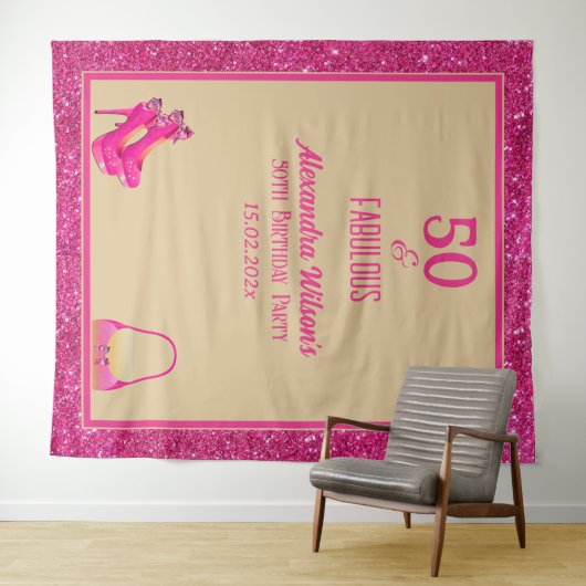 50e verjaardag hoge hakken roze glitterrug drop wandkleed (In Situ (horizontaal))
