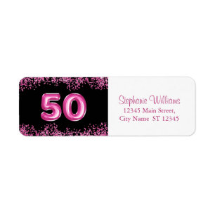 50e verjaardag Hot Pink Balloon Font Faux Glitte Etiket