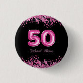 50e verjaardag Hot Pink Balloon Font Faux Glitter Ronde Button 3,2 Cm (Voorkant)