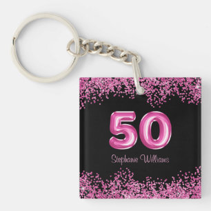 50e verjaardag Hot Pink Balloon Font Faux Glitter Sleutelhanger