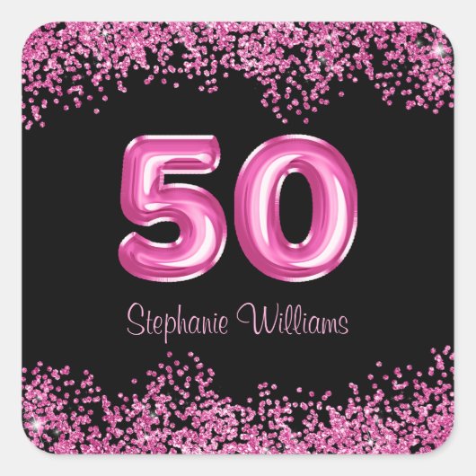 50e verjaardag Hot Pink Balloons | Faux Glitter Vierkante Sticker (Voorkant)