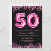 50e verjaardag Hot Pink Balloons Glitter Party Kaart (Voorkant)