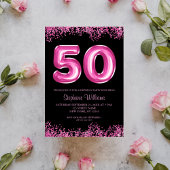 50e verjaardag Hot Pink Balloons Glitter Party Kaart